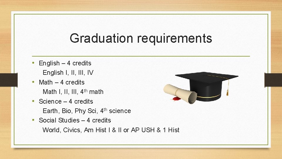 Graduation requirements • English – 4 credits English I, III, IV • Math –