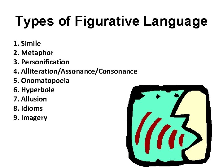 Types of Figurative Language 1. Simile 2. Metaphor 3. Personification 4. Alliteration/Assonance/Consonance 5. Onomatopoeia