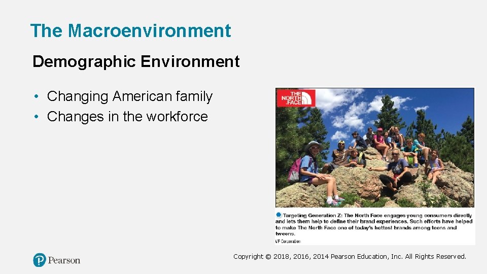 The Macroenvironment Demographic Environment • Changing American family • Changes in the workforce Copyright