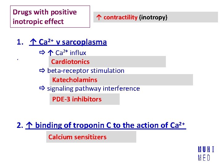 Drugs with positive inotropic effect ↑ contractility (inotropy) 1. ↑ Ca 2+ v sarcoplasma