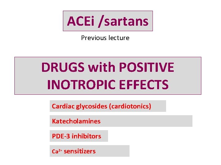 ACEi /sartans Previous lecture DRUGS with POSITIVE INOTROPIC EFFECTS Cardiac glycosides (cardiotonics) Katecholamines PDE-3