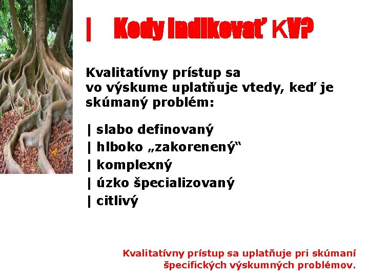 | Kedy indikovať KV? Kvalitatívny prístup sa vo výskume uplatňuje vtedy, keď je skúmaný