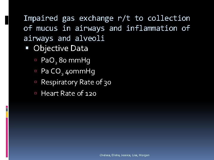 Impaired gas exchange r/t to collection of mucus in airways and inflammation of airways