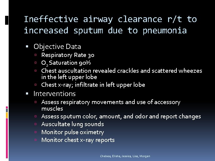 Ineffective airway clearance r/t to increased sputum due to pneumonia Objective Data Respiratory Rate