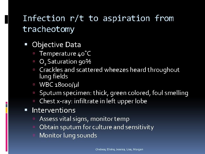 Infection r/t to aspiration from tracheotomy Objective Data Temperature 40˚C O 2 Saturation 90%