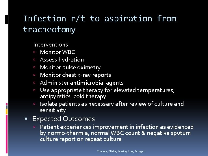 Infection r/t to aspiration from tracheotomy Interventions Monitor WBC Assess hydration Monitor pulse oximetry