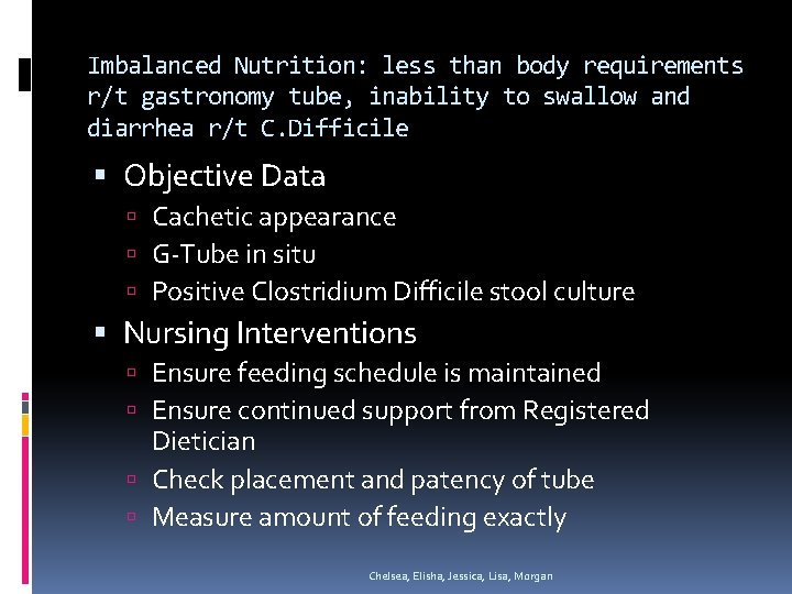 Imbalanced Nutrition: less than body requirements r/t gastronomy tube, inability to swallow and diarrhea Imbalanced Nutrition: less than body requirements r/t gastronomy tube, inability to swallow and diarrhea