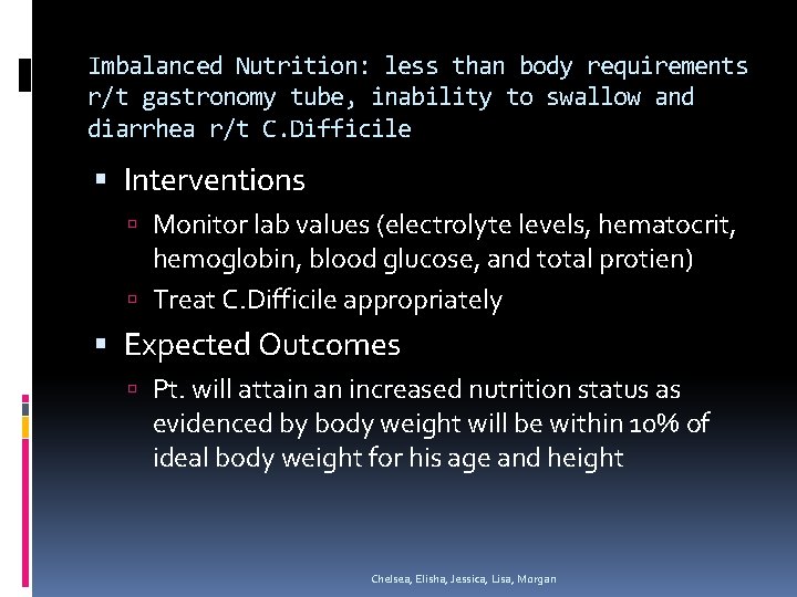 Imbalanced Nutrition: less than body requirements r/t gastronomy tube, inability to swallow and diarrhea