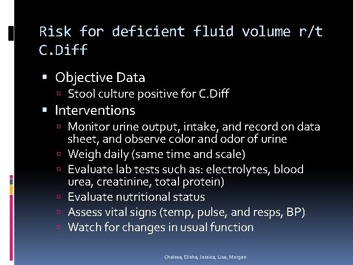 Risk for deficient fluid volume r/t C. Diff Objective Data Stool culture positive for Risk for deficient fluid volume r/t C. Diff Objective Data Stool culture positive for