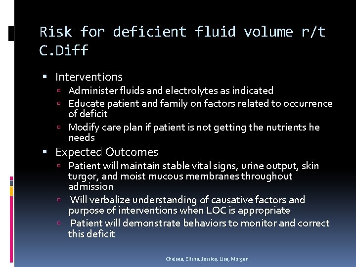 Risk for deficient fluid volume r/t C. Diff Interventions Administer fluids and electrolytes as