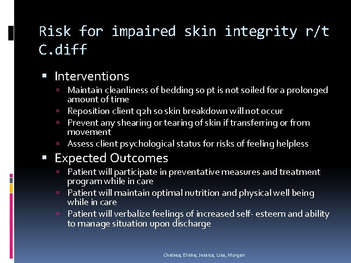 Risk for impaired skin integrity r/t C. diff Interventions Maintain cleanliness of bedding so