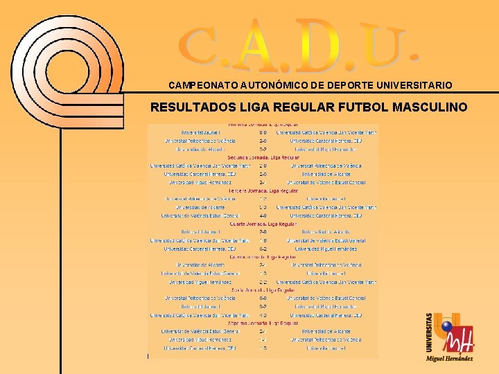 CAMPEONATO AUTONÓMICO DE DEPORTE UNIVERSITARIO RESULTADOS LIGA REGULAR FUTBOL MASCULINO 