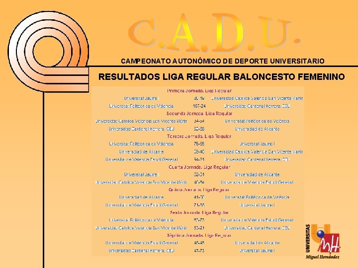 CAMPEONATO AUTONÓMICO DE DEPORTE UNIVERSITARIO RESULTADOS LIGA REGULAR BALONCESTO FEMENINO 