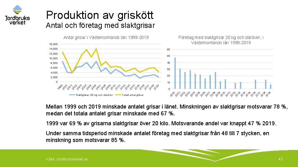 Produktion av griskött Antal och företag med slaktgrisar Antal grisar i Västernorrlands län 1999