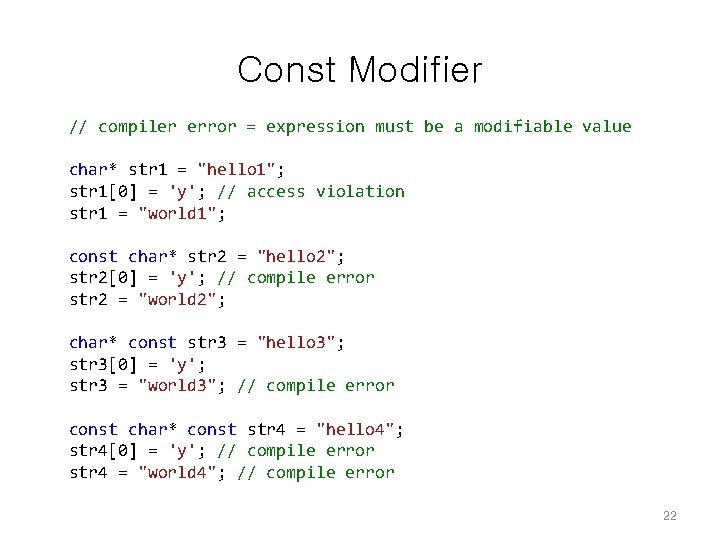 Const Modifier // compiler error = expression must be a modifiable value char* str Const Modifier // compiler error = expression must be a modifiable value char* str