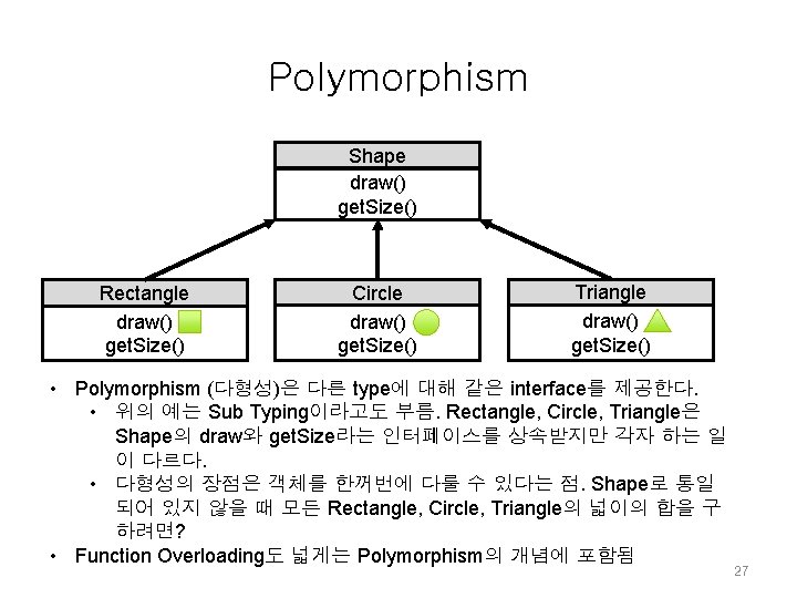 Polymorphism Shape draw() get. Size() Rectangle draw() get. Size() Circle draw() get. Size() Triangle Polymorphism Shape draw() get. Size() Rectangle draw() get. Size() Circle draw() get. Size() Triangle