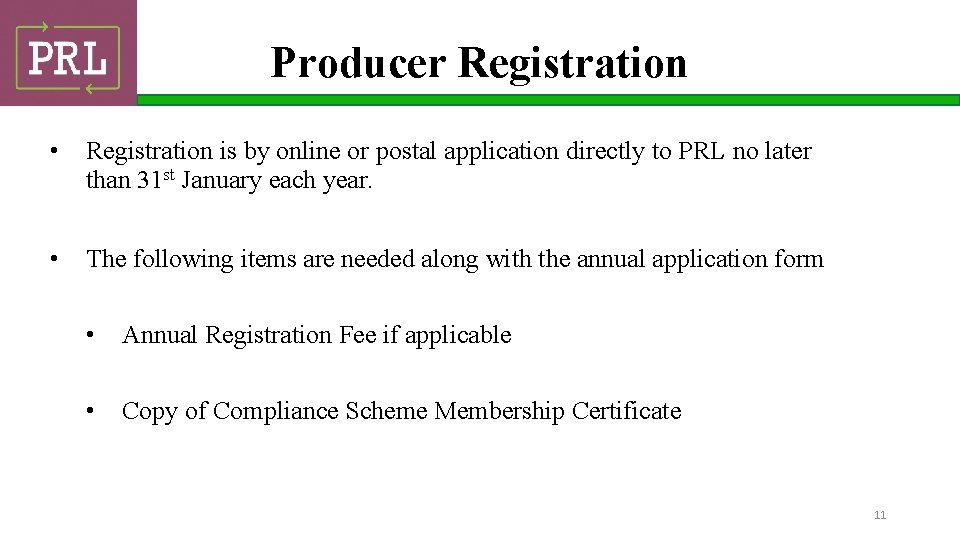 Producer Registration • Registration is by online or postal application directly to PRL no