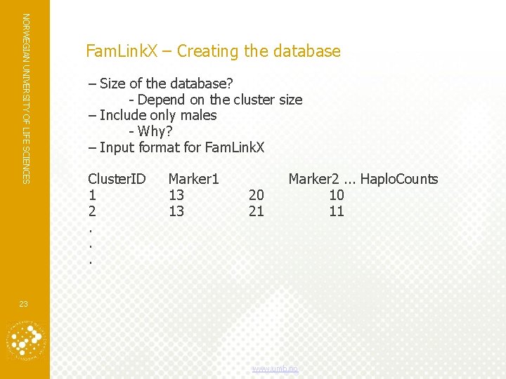 NORWEGIAN UNIVERSITY OF LIFE SCIENCES Fam. Link. X – Creating the database – Size NORWEGIAN UNIVERSITY OF LIFE SCIENCES Fam. Link. X – Creating the database – Size