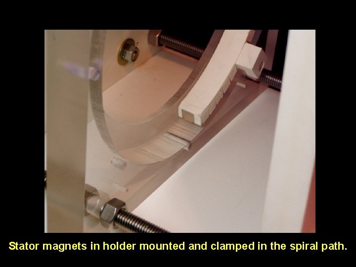 Stator magnets in holder mounted and clamped in the spiral path. 