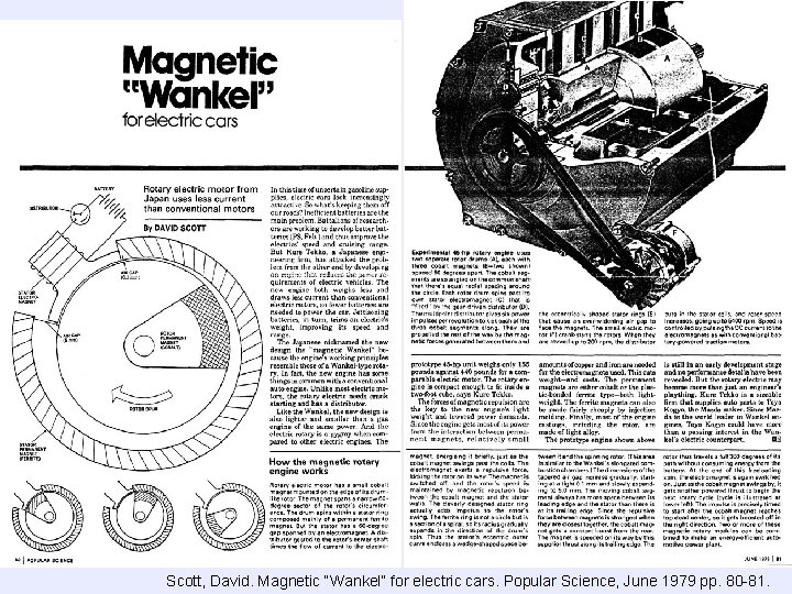 Scott, David. Magnetic “Wankel” for electric cars. Popular Science, June 1979 pp. 80 -81.