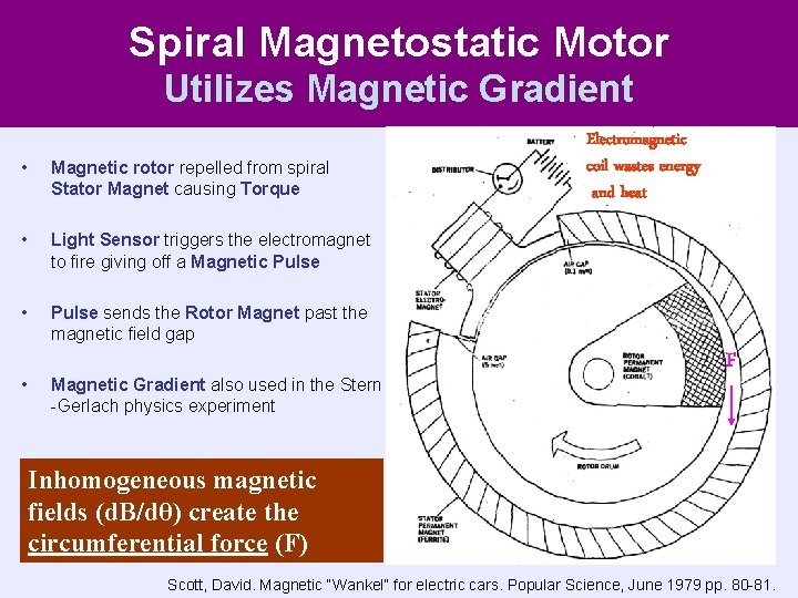 Spiral Magnetostatic Motor Utilizes Magnetic Gradient • Magnetic rotor repelled from spiral Stator Magnet