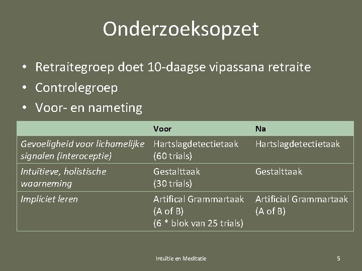 Onderzoeksopzet • Retraitegroep doet 10 -daagse vipassana retraite • Controlegroep • Voor- en nameting