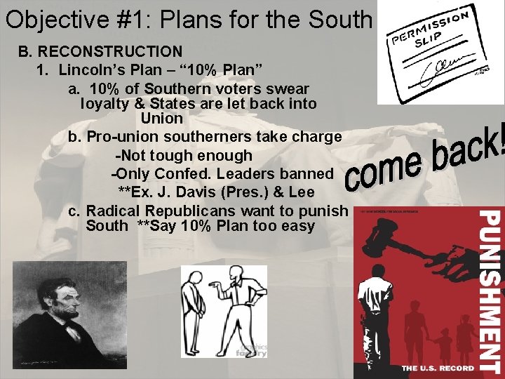 Objective #1: Plans for the South B. RECONSTRUCTION 1. Lincoln’s Plan – “ 10%