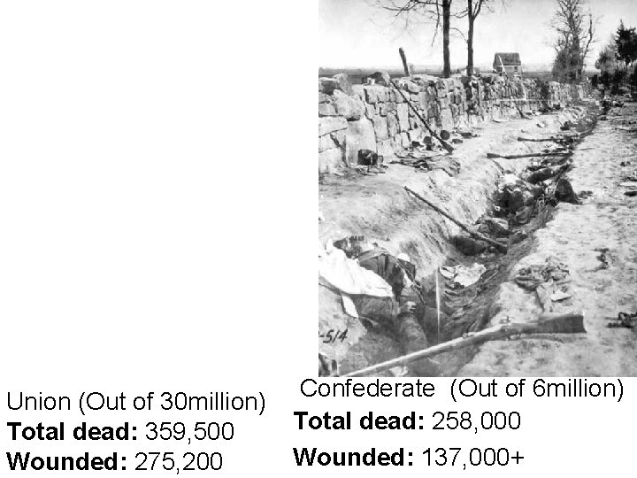 Union (Out of 30 million) Total dead: 359, 500 Wounded: 275, 200 Confederate (Out