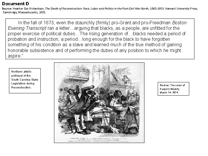 Document D Source: Heather Cox Richardson, The Death of Reconstruction: Race, Labor and Politics