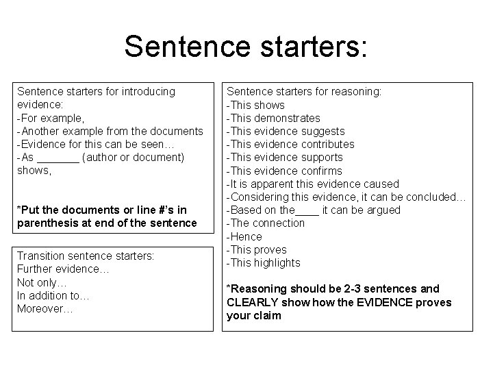 Sentence starters: Sentence starters for introducing evidence: -For example, -Another example from the documents