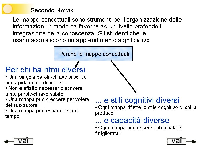 Secondo Novak: Le mappe concettuali sono strumenti per l'organizzazione delle informazioni in modo da