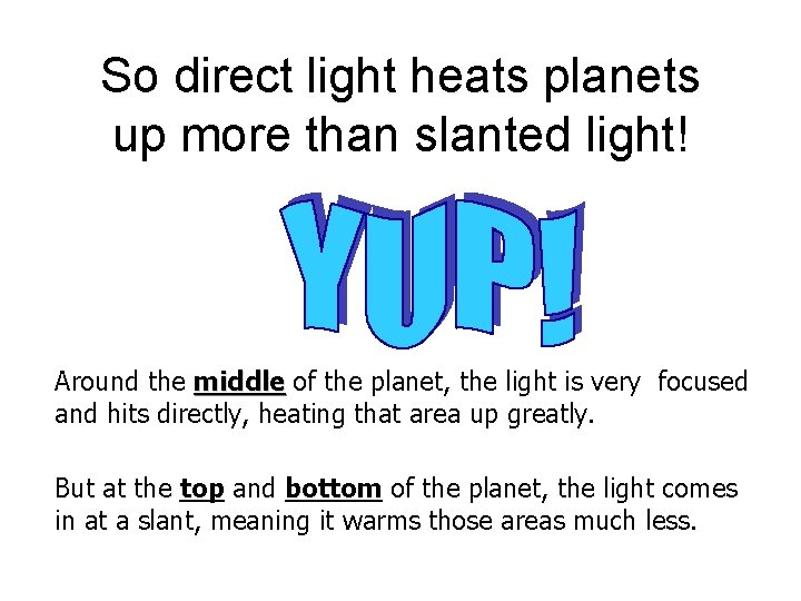 So direct light heats planets up more than slanted light! Around the middle of