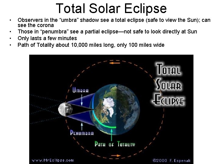 Total Solar Eclipse • • Observers in the “umbra” shadow see a total eclipse