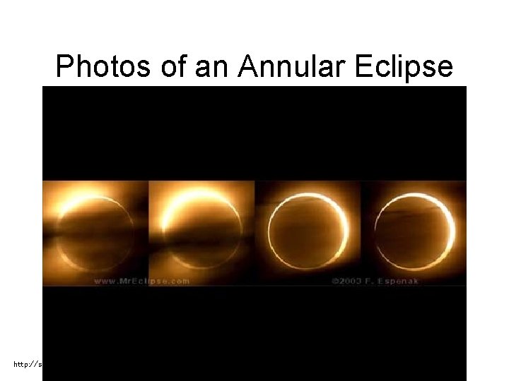 Photos of an Annular Eclipse http: //sunearthday. nasa. gov/2006/multimedia/gal_010. php; photos taken by Fred