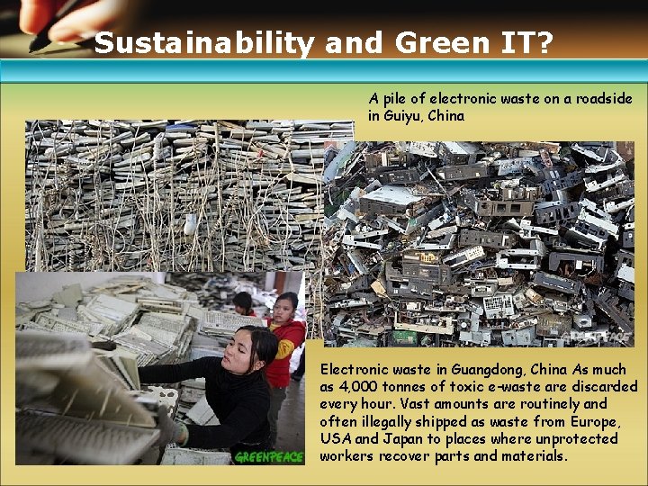 Sustainability and Green IT? A pile of electronic waste on a roadside in Guiyu,