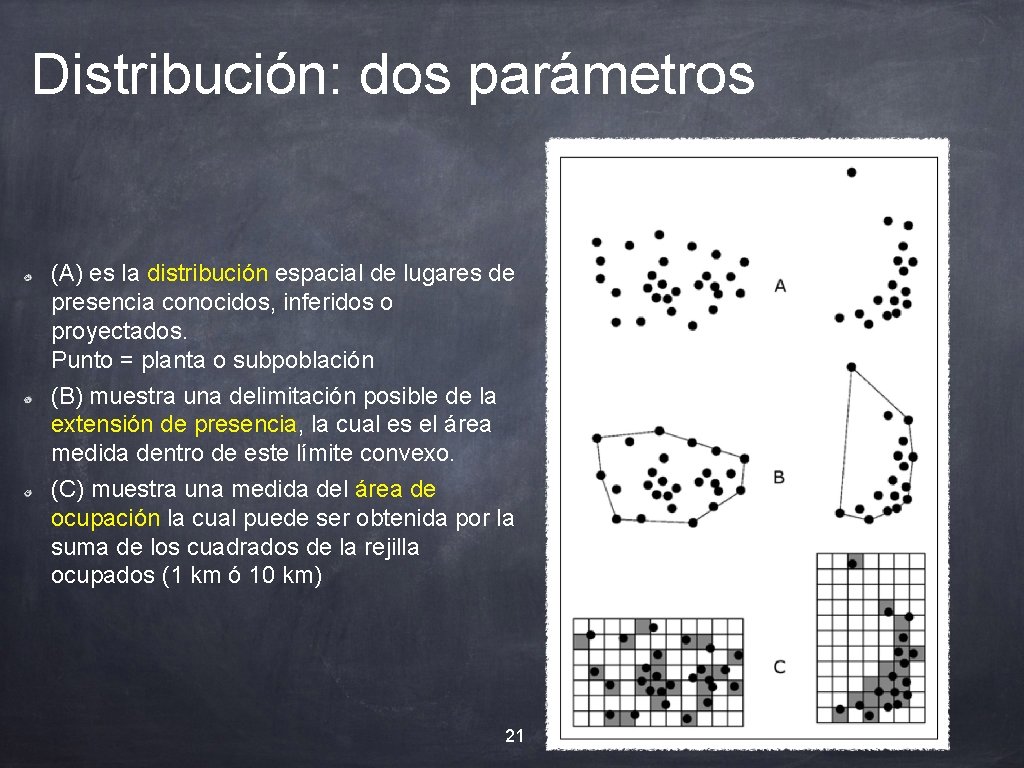 Distribución: dos parámetros (A) es la distribución espacial de lugares de presencia conocidos, inferidos