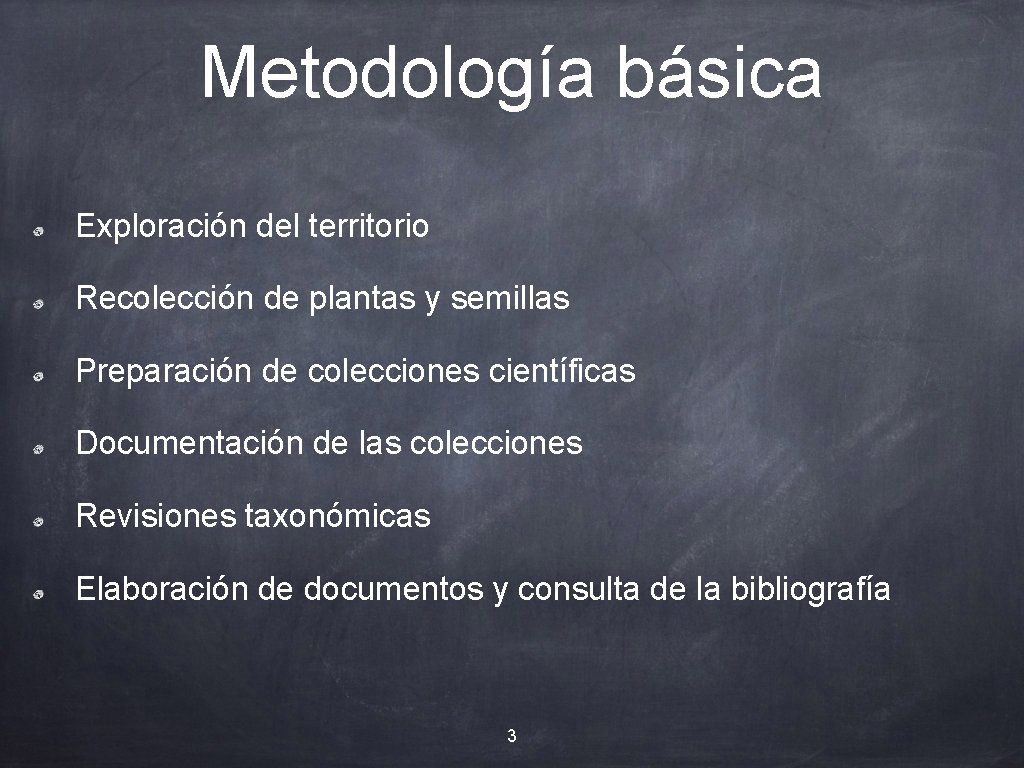 Metodología básica Exploración del territorio Recolección de plantas y semillas Preparación de colecciones científicas