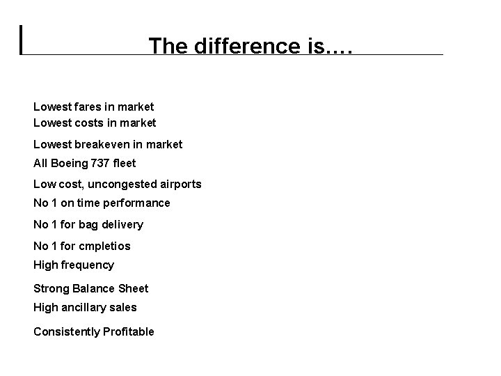 The difference is…. Lowest fares in market Lowest costs in market Lowest breakeven in