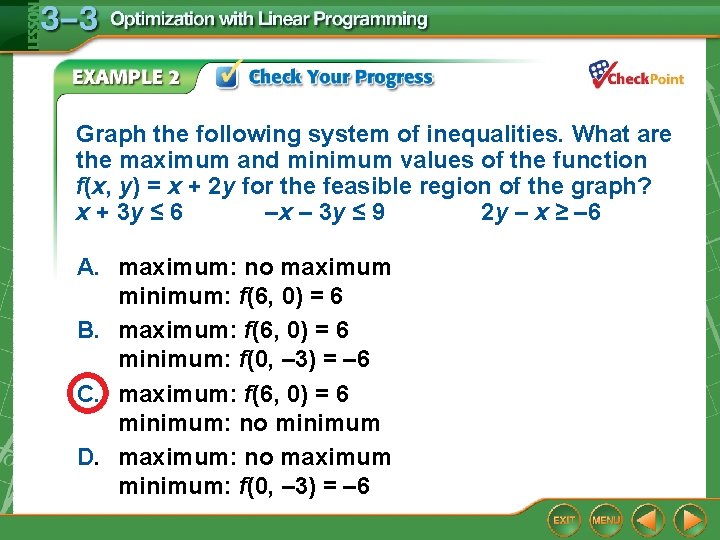 Graph the following system of inequalities. What are the maximum and minimum values of