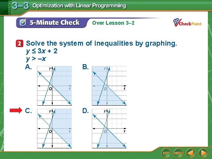 Over Lesson 3– 2 Solve the system of inequalities by graphing. y ≤ 3