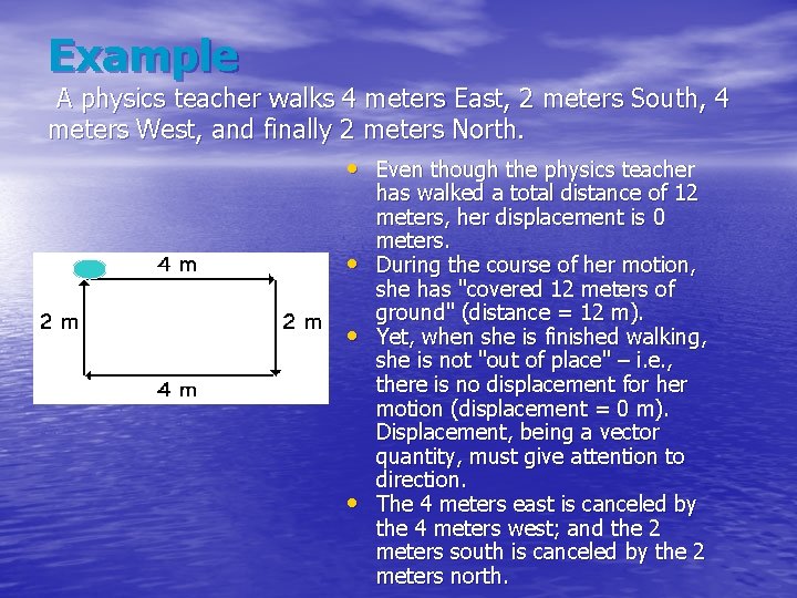 Example A physics teacher walks 4 meters East, 2 meters South, 4 meters West,