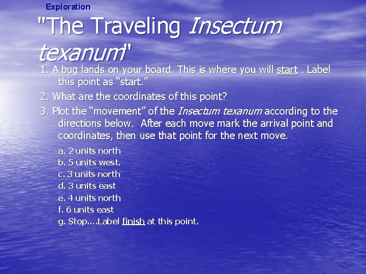 Exploration "The Traveling Insectum texanum" 1. A bug lands on your board. This is