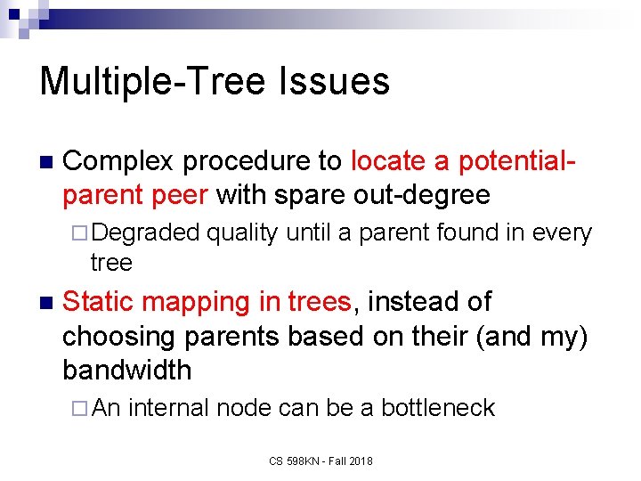 Multiple-Tree Issues n Complex procedure to locate a potentialparent peer with spare out-degree ¨