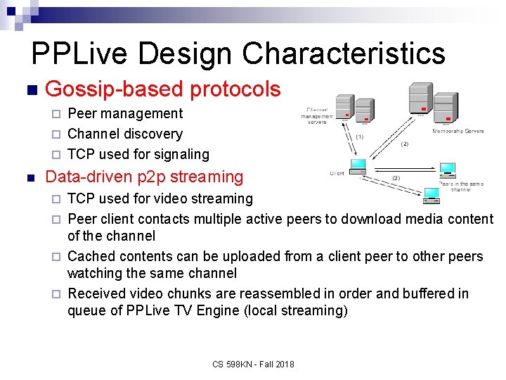 PPLive Design Characteristics n Gossip-based protocols Peer management ¨ Channel discovery ¨ TCP used