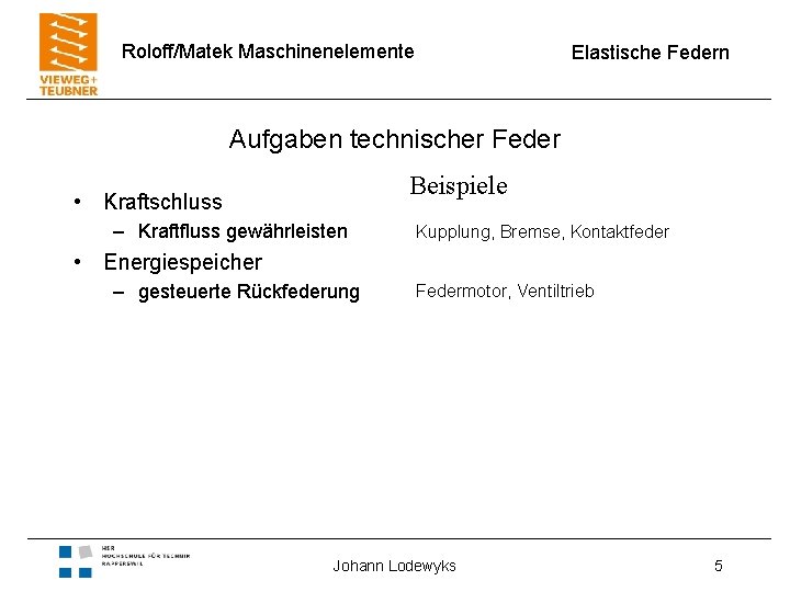 Roloff/Matek Maschinenelemente Elastische Federn Aufgaben technischer Feder Beispiele • Kraftschluss – Kraftfluss gewährleisten Kupplung,