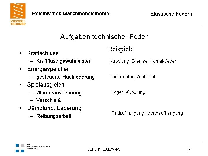 Roloff/Matek Maschinenelemente Elastische Federn Aufgaben technischer Feder Beispiele • Kraftschluss – Kraftfluss gewährleisten Kupplung,