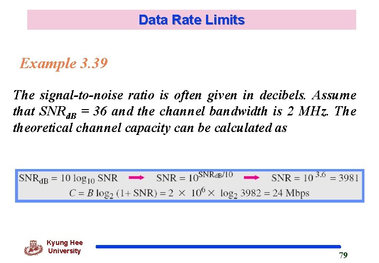 Data Rate Limits Example 3. 39 The signal-to-noise ratio is often given in decibels.