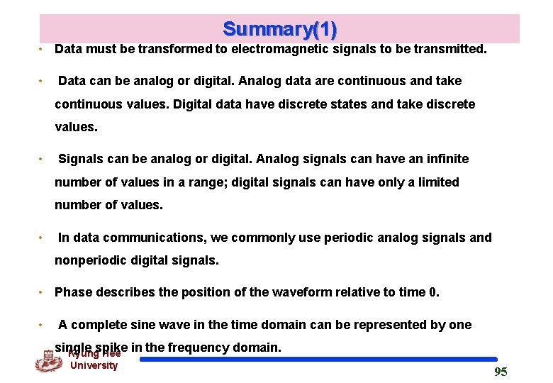 Summary(1) • Data must be transformed to electromagnetic signals to be transmitted. • Data