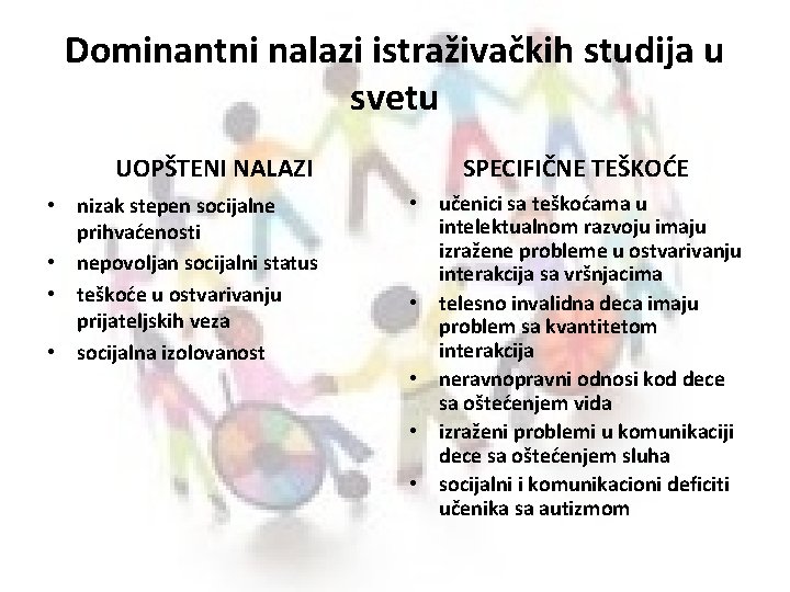 Dominantni nalazi istraživačkih studija u svetu UOPŠTENI NALAZI • nizak stepen socijalne prihvaćenosti •