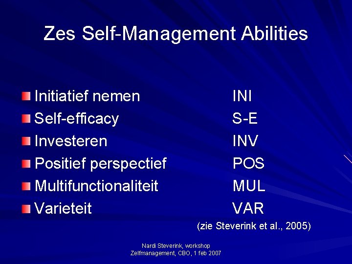 Zes Self-Management Abilities Initiatief nemen Self-efficacy Investeren Positief perspectief Multifunctionaliteit Varieteit INI S-E INV